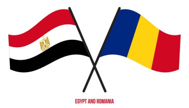 Mısır ve Romanya Bayrakları Çapraz ve Dalgalanan Düz Stil. Resmi Orantı. Renkleri Düzelt.