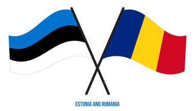 Estonya ve Romanya Bayrakları Çapraz ve Dalgalı Düz Stil. Resmi Orantı. Renkleri Düzelt.
