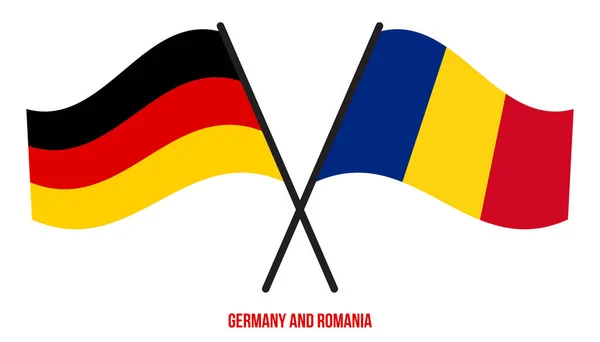 德国和罗马尼亚国旗交叉摇曳着平坦的风格 官方比例 正确的颜色 — 图库矢量图片