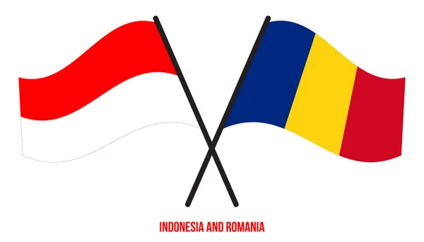 Indonesia Rumania Banderas Cruzadas Ondeando Estilo Plano Proporción Oficial Colores — Vector de stock