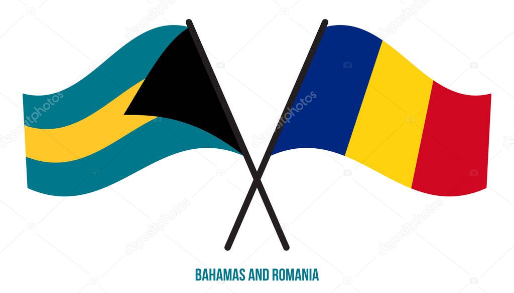 Bahamas and Romania Flags Crossed And Waving Flat Style. Official Proportion. Correct Colors.