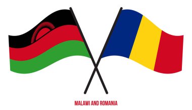 Malawi ve Romanya Bayrakları Çarpıştı ve Sallanan Düz Stil. Resmi Orantı. Renkleri Düzelt.