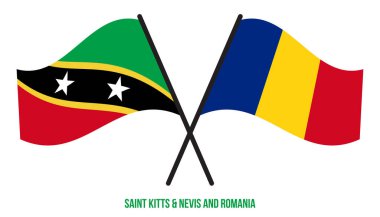 Saint Kitts & Nevis ve Romanya Bayrakları Çarpıştı ve Düz Dalgalanıyor. Resmi Orantı.