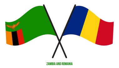 Zambiya ve Romanya Bayrakları Çarpıştı ve Sallanan Düz Stil. Resmi Orantı. Renkleri Düzelt.