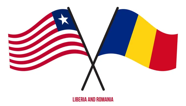 Liberia Rumania Banderas Cruzadas Ondeando Estilo Plano Proporción Oficial Colores — Vector de stock