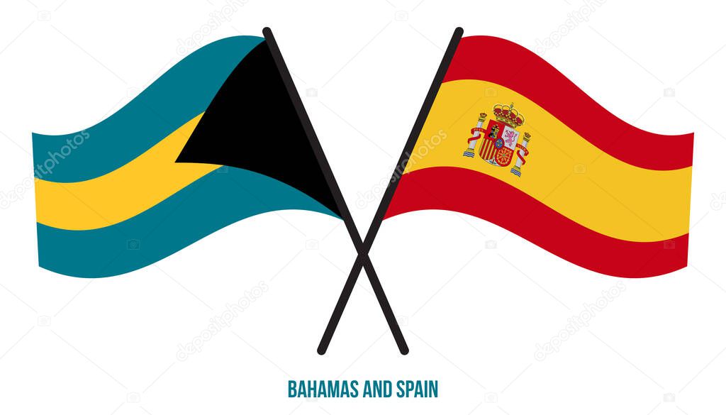 Bahamas and Spain Flags Crossed And Waving Flat Style. Official Proportion. Correct Colors.