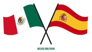 Meksika ve İspanya Bayrakları Çapraz ve Dalgalı Düz Stil. Resmi Orantı. Renkleri Düzelt.