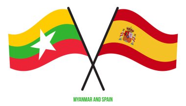 Myanmar ve İspanya Bayrakları Çarpıştı ve Sallanan Düz Stil. Resmi Orantı. Renkleri Düzelt.