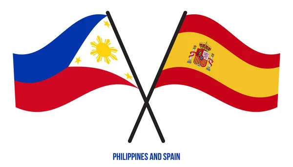 Filippine Spagna Bandiere Attraversate Sventolando Stile Piatto Proporzione Ufficiale Colori — Vettoriale Stock