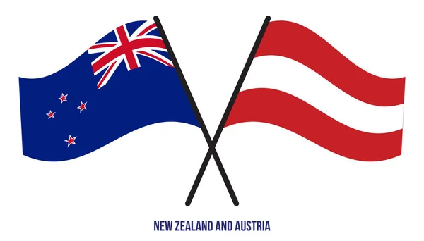 Banderas Nueva Zelanda Austria Cruzadas Ondeando Estilo Plano Proporción Oficial — Vector de stock
