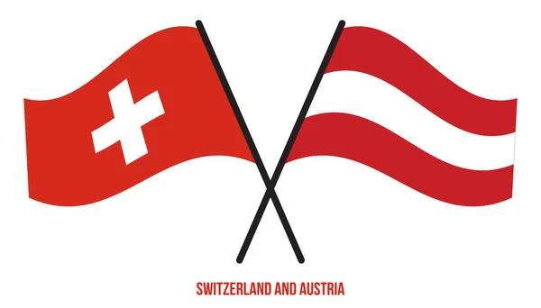 Svizzera Austria Bandiere Incrociate Sventolanti Stile Piatto Proporzione Ufficiale Colori — Vettoriale Stock