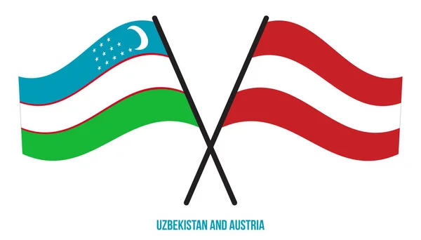 Uzbekistán Austria Banderas Cruzadas Ondeando Estilo Plano Proporción Oficial Colores — Vector de stock