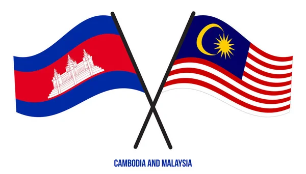 Cambodia Malaysia Flags Crossed Waving Flat Style Official Proportion Correct — Stock Vector