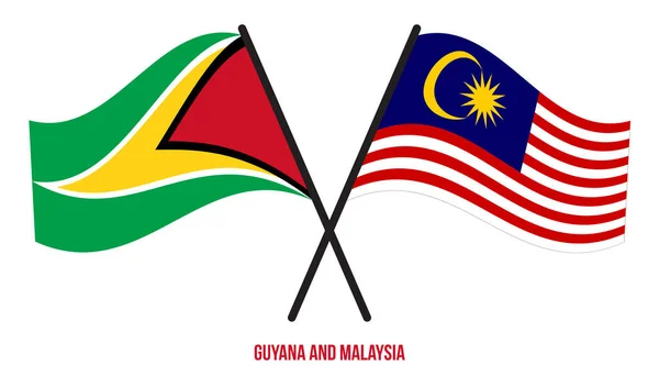 Guyana Malaysia Flags Crossed Waving Flat Style Official Proportion Correct — Stock Vector