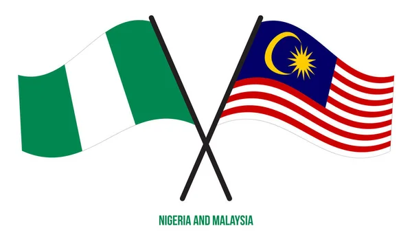 Nigeria Malaysia Flags Crossed Waving Flat Style Official Proportion Correct — Stock Vector