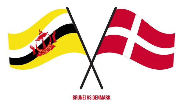 Brunei Och Danmark Flaggor Korsade Och Viftade Platt Stil Officiell — Stock vektor