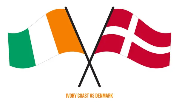 Costa Marfim Dinamarca Bandeiras Cruzadas Acenando Estilo Plano Proporção Oficial — Vetor de Stock