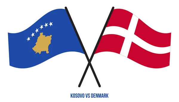 Bandiere Kosovo Danimarca Attraversato Sventolando Stile Piatto Proporzione Ufficiale Colori — Vettoriale Stock