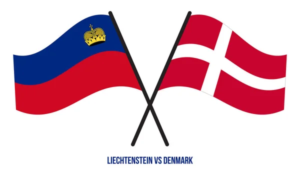 Liechtenstein Denemarken Vlaggen Gekruist Zwaaien Platte Stijl Officiële Proportie Juiste — Stockvector