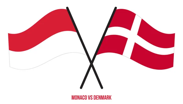 Monaco Danimarca Bandiere Attraversate Sventolando Stile Piatto Proporzione Ufficiale Colori — Vettoriale Stock