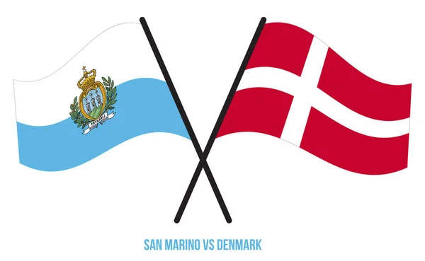 Bandiere San Marino Danimarca Incrociate Sventolate Stile Piatto Proporzione Ufficiale — Vettoriale Stock