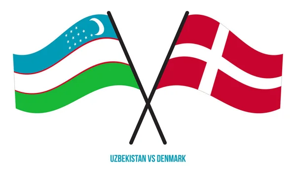 Uzbekistán Dánské Vlajky Křižovaly Mávaly Plochým Stylem Oficiální Podíl Opravit — Stockový vektor