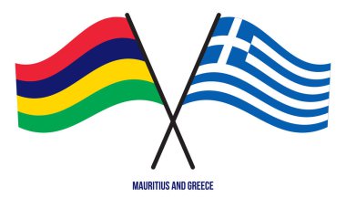 Mauritius ve Yunanistan Bayrakları Çarpıştı ve Sallanan Düz Stil. Resmi Orantı. Renkleri Düzelt.