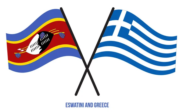 Eswatini Grecia Banderas Cruzadas Ondeando Estilo Plano Proporción Oficial Colores — Vector de stock