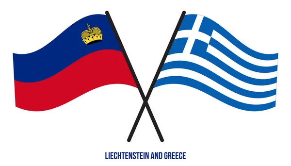 Liechtenstein Grecia Banderas Cruzadas Ondeando Estilo Plano Proporción Oficial Colores — Vector de stock