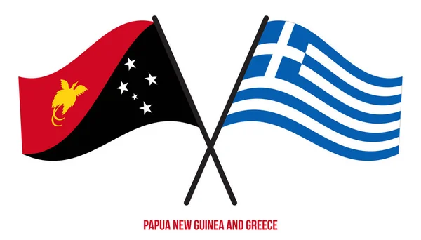 Papúa Nueva Guinea Grecia Banderas Cruzadas Ondeando Estilo Plano Proporción — Vector de stock