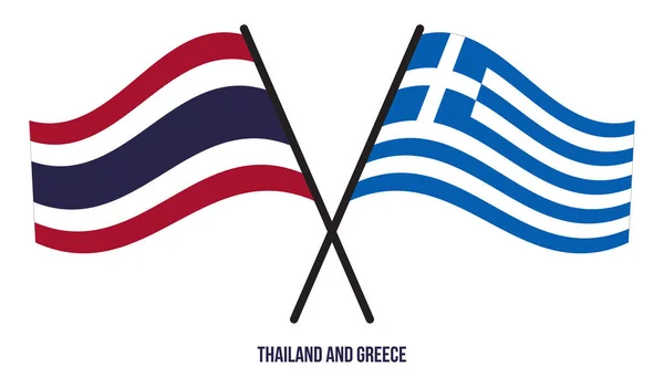 Tailandia Grecia Banderas Cruzadas Ondeando Estilo Plano Proporción Oficial Colores — Vector de stock