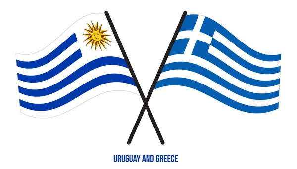 Uruguay Grecia Banderas Cruzadas Ondeando Estilo Plano Proporción Oficial Colores — Vector de stock