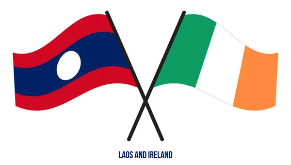 Laos Irlanda Banderas Cruzadas Ondeando Estilo Plano Proporción Oficial Colores — Vector de stock