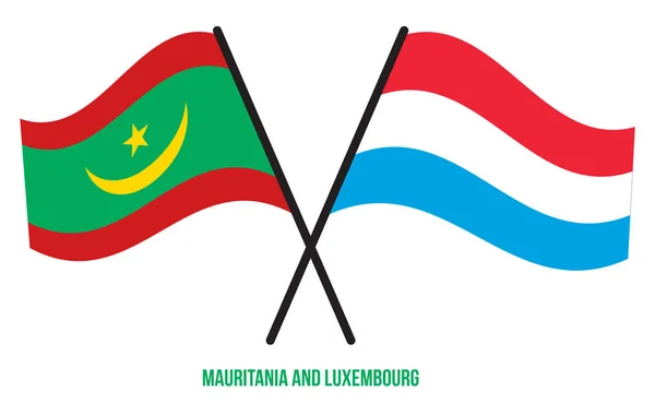 Mauritania Luxemburgo Banderas Cruzadas Ondeando Estilo Plano Proporción Oficial Colores — Vector de stock