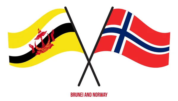 Bandeiras Brunei Noruega Cruzadas Acenando Estilo Plano Proporção Oficial Cores — Vetor de Stock