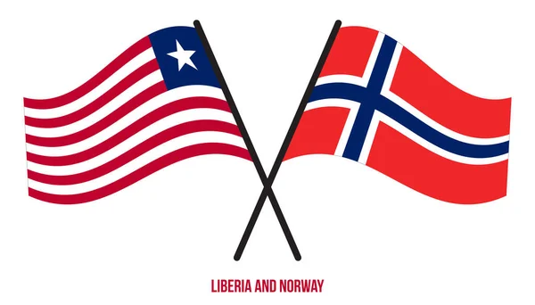 利比里亚和挪威国旗交叉摇曳的平坦风格 官方比例 正确的颜色 — 图库矢量图片