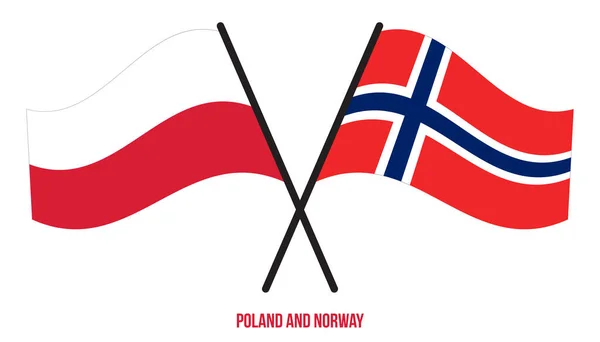 Poland Norway Flags Crossed Waving Flat Style Official Proportion Correct — Stock Vector