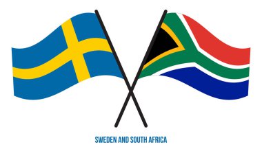 İsveç ve Güney Afrika Bayrakları Çapraz ve Dalgalı Düz Stil. Resmi Orantı. Renkleri Düzelt.