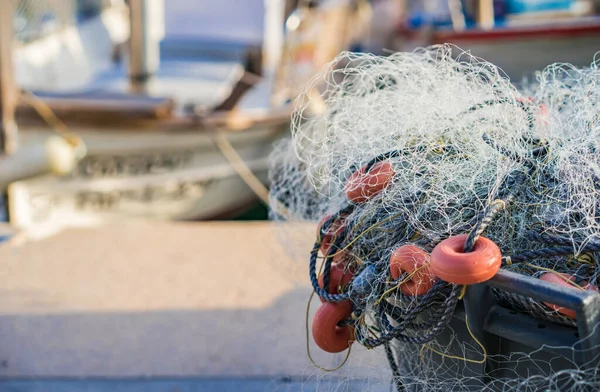 Close-up of commercial fishing net at harbour