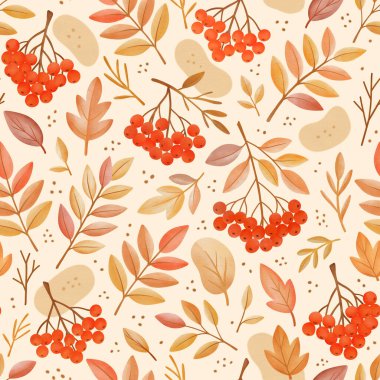 Rowan böğürtlenleri ve yapraklarıyla suluboya kusursuz desen. Yumuşak tonlarda botanik baskısı. Ev dekorasyonu, kırtasiye, ambalaj veya grafik tasarımı için mükemmel..
