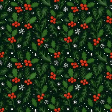 Arka planda çoban üzümleri olan kışın pürüzsüz desen. Kağıt, kağıt, kumaş, tatil süslemeleri ve dijital projeler için mükemmel..