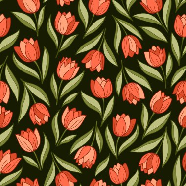 Sanat tarzında lalelerle kusursuz bir düzen. Tekstil ve duvar kağıdı tasarımı için en az botanik arka plan.