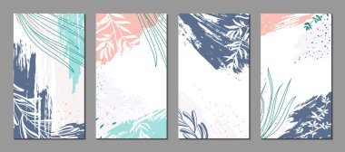 Sosyal medya paylaşımları, hikayeler, afişler, kapaklar, tebrik kartları, marka tasarımı için şablonlar. Organik şekilleri ve bitkileri olan soyut çiçek vektör geçmişleri. Dokuları ve grafik elementleri olan modern çizimler. Minimalist doğal tasarım.