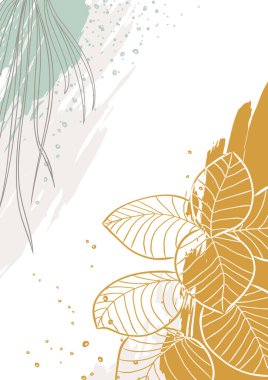 Organik şekilleri, bitkileri ve yaprakları olan soyut çiçek vektör şablonu. Poster, ilan, afiş, kapak, tebrik kartı, marka tasarımı için modaya uygun bir zemin. Dokuları ve grafik elementleri olan doğal modern illüstrasyon.  