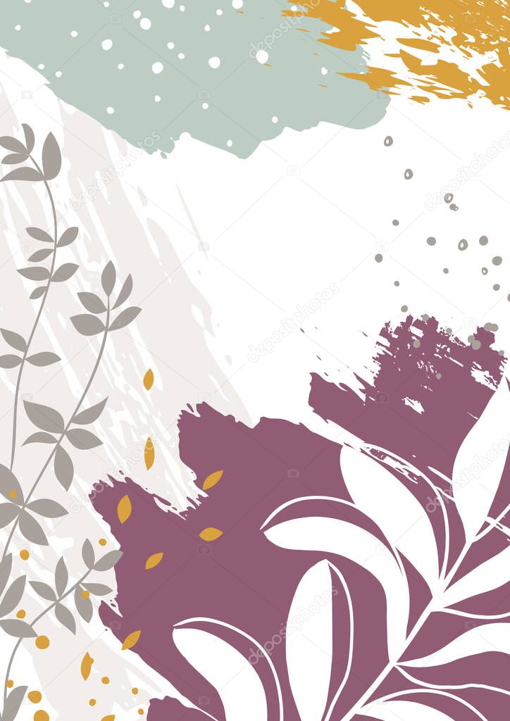 Abstract floral vector template with organic shapes, plants, leaves, stains, splashes. Trendy background for poster, flyer, banner, cover, greeting card, branding design. Natural modern illustration with textures and graphic elements.  
