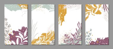 Sosyal medya paylaşımları, hikayeler, afişler, kapaklar, tebrik kartları, marka tasarımı için şablonlar. Organik şekilleri ve bitkileri olan soyut çiçek vektör geçmişleri. Dokuları ve grafik elementleri olan modern çizimler. Minimalist doğal tasarım.