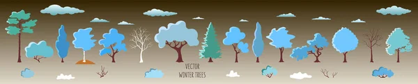 Winterbomen Struiken Wolken Set Van Heldere Planten Vector Elementen Voor — Stockvector