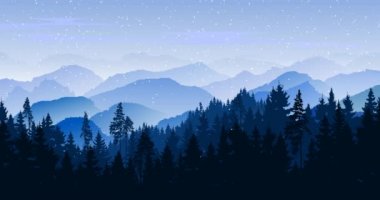 Karlı dağ manzarası. Çam ormanı vektör silueti. Noel ağaçlarıyla dolu bir kış tatili geçmişi. Hiç bitmeyen yeşil kozalaklı ağaçların mavi silueti ve web sitesi tasarımı için ladin içeren doğal görüntüler. Modern trend animasyonu.