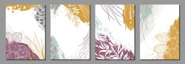 Organik şekilleri, bitkileri, yaprakları, lekeleri, sıçramaları olan soyut çiçek vektör şablonları. Posterler, afişler, afişler, kapaklar, tebrik kartları, marka tasarımı için modaya uygun arka planlar. Dokuları ve grafik elementleri olan doğal modern illüstrasyon.  