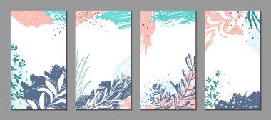 Sosyal medya paylaşımları, hikayeler, afişler, kapaklar, tebrik kartları, marka tasarımı için şablonlar. Organik şekilleri ve bitkileri olan soyut çiçek vektör geçmişleri. Dokuları ve grafik elementleri olan modern çizimler. Minimalist doğal tasarım.